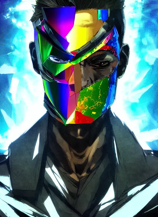 Prompt: Half body portrait of a god of intellect, a man in a rainbow tuxedo wearing a shattered mirror mask. In style of Yoji Shinkawa and Hyung-tae Kim, trending on ArtStation, dark fantasy, great composition, concept art, highly detailed, dynamic pose.