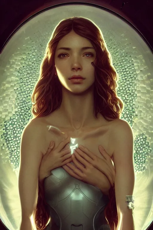 Image similar to beautiful and enigmatic ai held captive in a remote research facility. vulnerability and innocence, ultra realistic, sharp details, subsurface scattering, intricate details, warm lighting, beautiful features, highly detailed, photorealistic, octane render, 8 k, unreal engine, art by artgerm and greg rutkowski and alphonse mucha