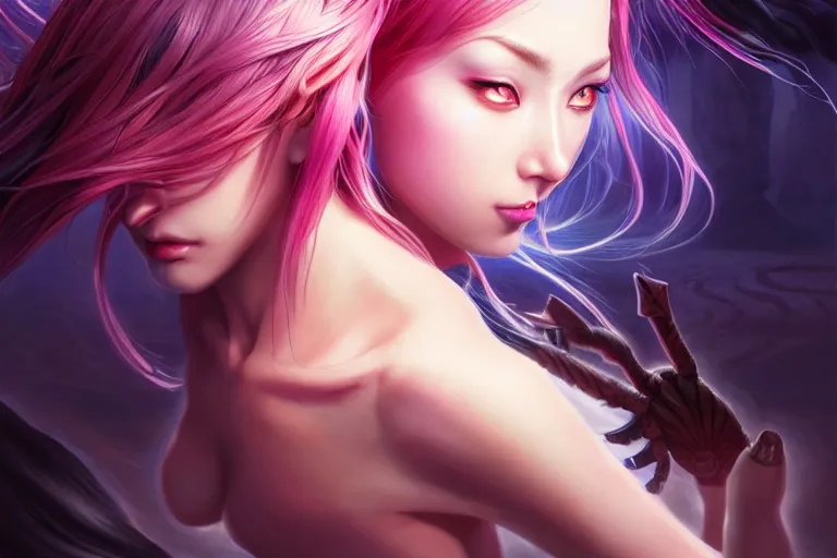 Image similar to surrealistic summoner girl fighting against surrealistic creatures, occlusion shadow, specular reflection, rim light, unreal engine, artgerm, artstation, art by hiroaki samura and ilya kuvshinov and ossdraws, intricate, highly detailed 8 k, fantasy illustration, extremely beautiful and aesthetic shape of face and clothes, movie poster