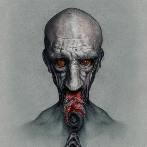 Image similar to eerie portrait of creepy pale old man with fish like facial features and gilles in his neck, painted, fish man, tentacles, trending on art station, love craftian, dark lighting