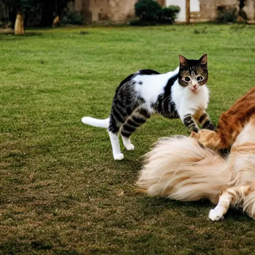 Prompt: photo of a cat riding a dog that's riding a horse