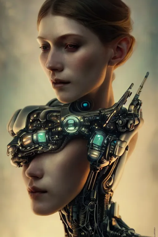 Image similar to an ultra realistic beautiful cyborg woman with eyes-closed, sci-fi, cyberpunk, intricate details, elegant, highly detailed, photorealistic, digital painting, octane render, concept art, eerie, 8k, art by artgerm and craig mullin and alphonse mucha and moebius and paolo roversi and greg rutkowski