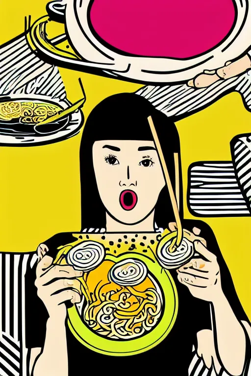 Image similar to a girl eating ramen in the style of modern pop art