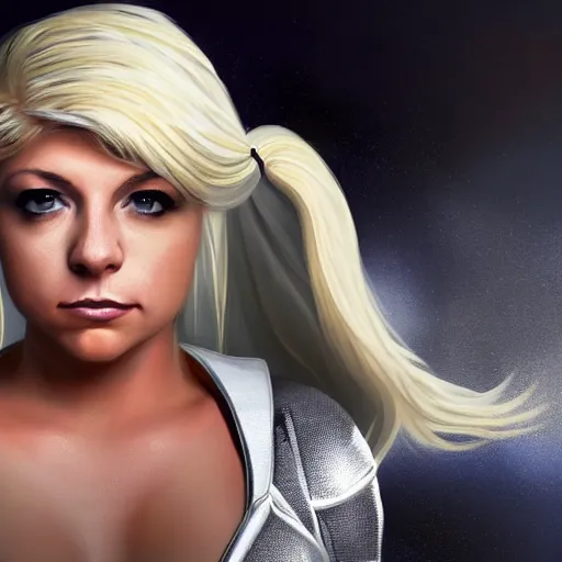 Image similar to alexa bliss as power girl, artstation hall of fame gallery, editors choice, #1 digital painting of all time, most beautiful image ever created, emotionally evocative, greatest art ever made, lifetime achievement magnum opus masterpiece, the most amazing breathtaking image with the deepest message ever painted, a thing of beauty beyond imagination or words, 4k, highly detailed, cinematic lighting