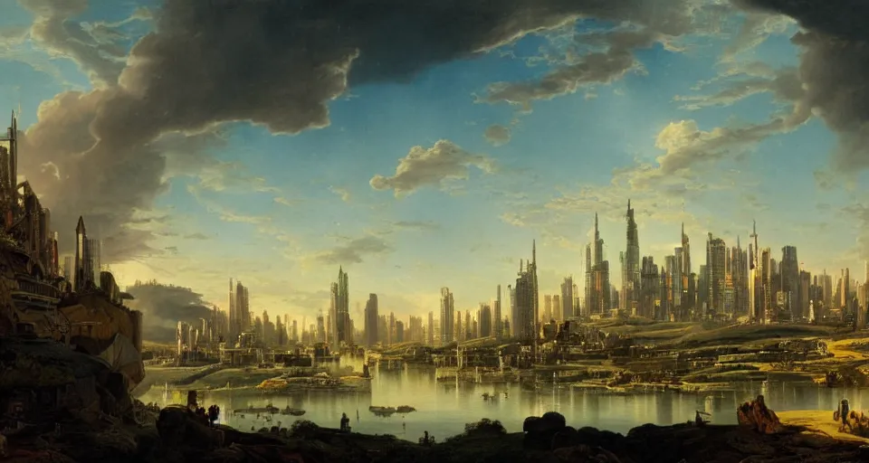 Prompt: view on futuristic city in the horizon, illustration by asher brown durand, detailed, sharp, masterpiece, 8 k