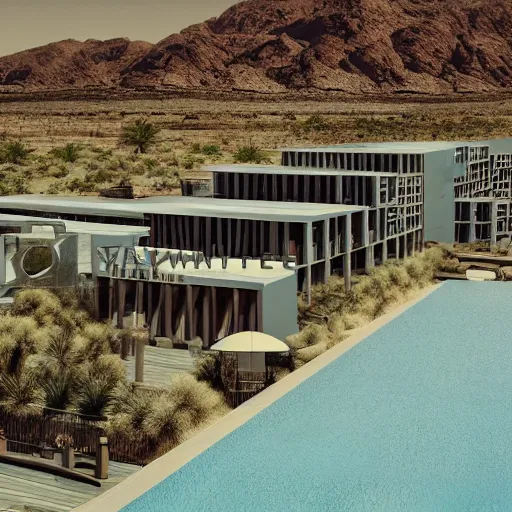 Prompt: brutalism style concept hotel in the desert, biophilia mood, pool, garden, highly detailed, cinematic, photorealistic,