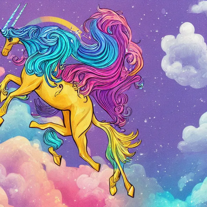 Image similar to a beautiful elegant unicorn running on a rainbow, concept art, intricate details, fierce, powers, comic