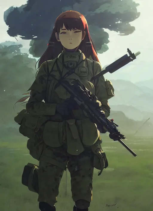 Prompt: portrait of soldier girl killing her enemy, black sky background lush landscape illustration concept art anime key visual trending pixiv fanbox by wlop and greg rutkowski and makoto shinkai and studio ghibli and kyoto animation soldier clothing military gear realistic anatomy mechanized