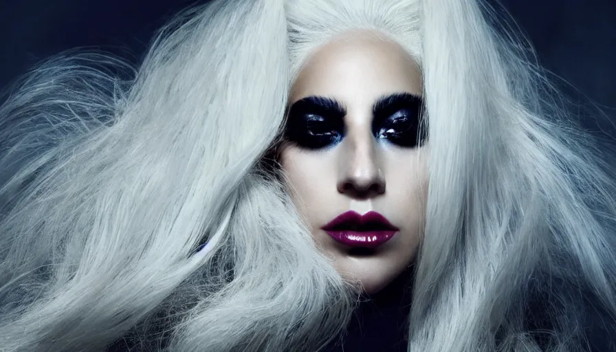 Image similar to lady gaga with long white hair , an album cover by Hedi Xandt, featured on vogue, steven klein, holography, smokey background, matte background, High resolution. Highly detailed. Dramatic. 8k.4k.