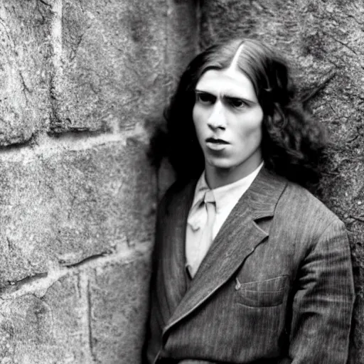 Image similar to An utterly terrified young man with long hair in 1930s attire cornered with his back against a stone wall. Scared look, panic, horror