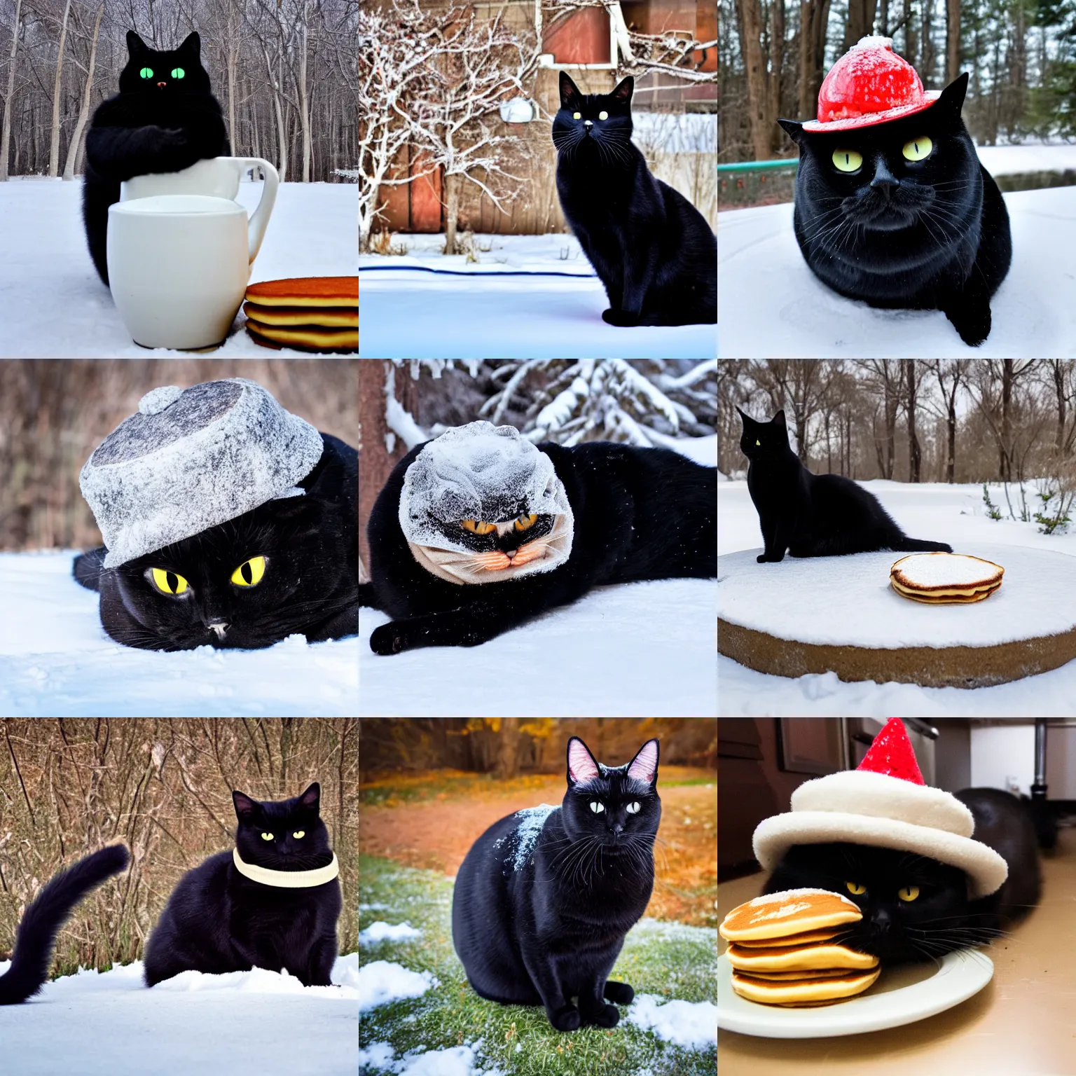 Prompt: fat black cat with pancake hat in Minnesota winter