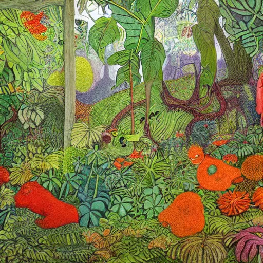 Image similar to jungle scene, leaves, vines, flowers, intricate details, volumetric lighting, vivid colors, panorama, Artwork by Elsa Beskow