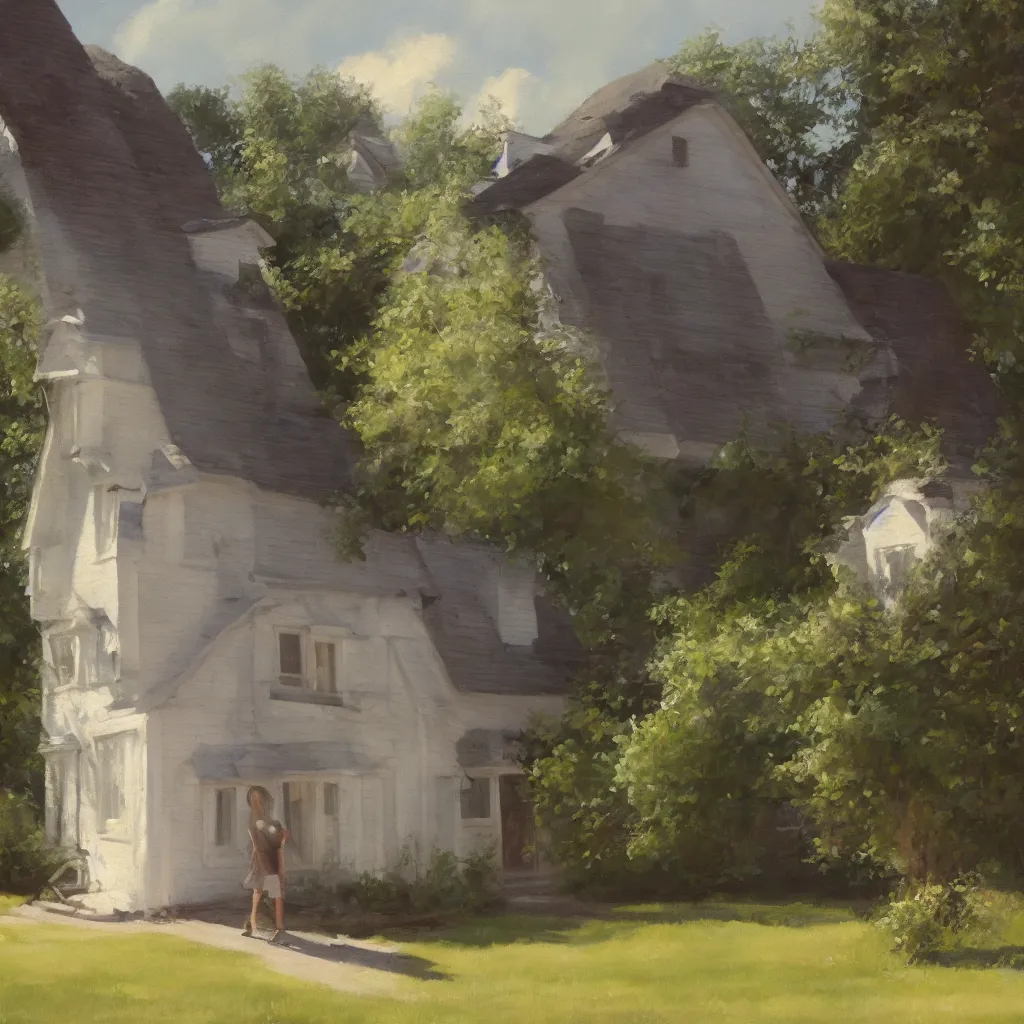 Image similar to cottage with emma watson standing close in front, aesthetic, oil painting, pale colors, high detail, 8 k, wide angle, trending on artstation,