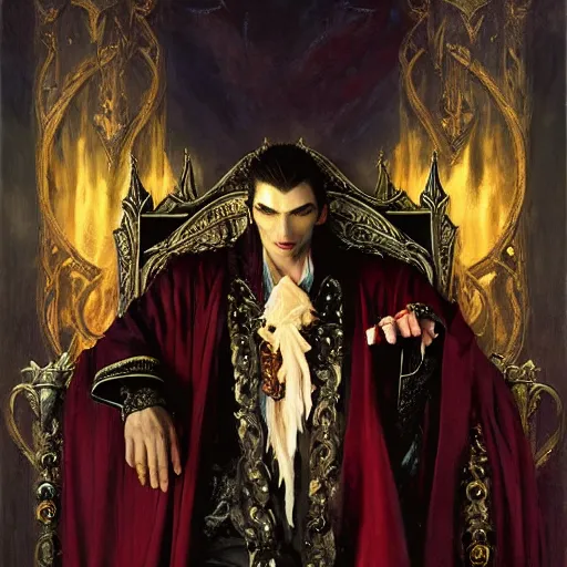 Image similar to perfectly centered portrait of attractive vampire king in a robe sitting on a throne of bones, highly detailed painting by gaston bussiere, craig mullins, j. c. leyendecker, 8 k