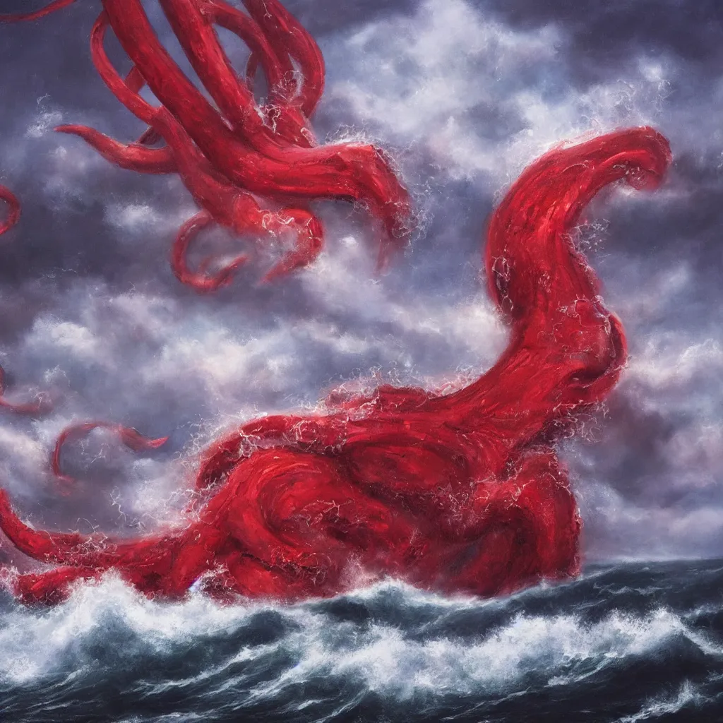 Image similar to a fantasy landscape. subject : giant red kraken, stormy sea, giant waves, lightning in the background, small boat, oil painting, 4 k