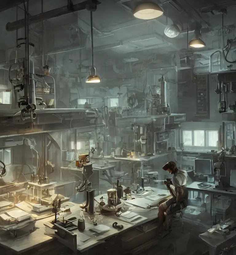 Image similar to a scientists in his lab while bodybuilding unreal render cinematic lighting art by bussiere rutkowski andreas rocha