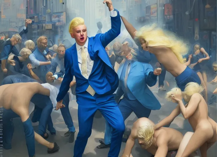 Image similar to a blond man in a blue suit wounded surrounded by a crowd, organic painting, sunny day, matte painting, bold shapes, hard edges, street art, trending on artstation, by huang guangjian, gil elvgren, ruan jia, randy vargas, greg rutkowski