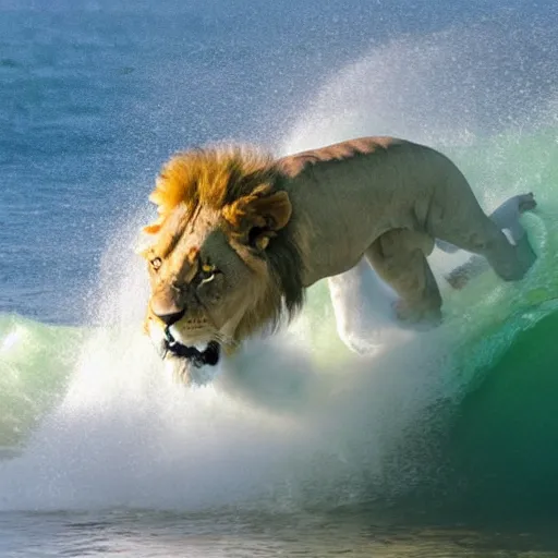 Image similar to a lion's face breaching through a wave