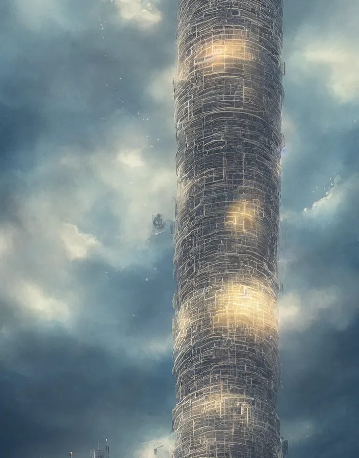 Image similar to painting of a tall tower that reaches beyond the clouds, intricate abstract. delicate artwork. by Tooth Wu, wlop, beeple, dan mumford. octane render, trending on artstation, greg rutkowski very coherent symmetrical artwork. cinematic, hyper realism, high detail, octane render, 8k, depth of field, bokeh. chrome accents.