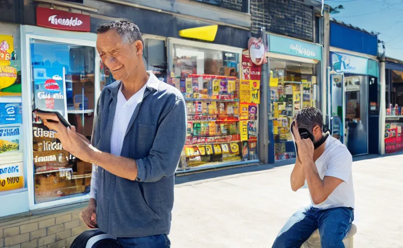 Image similar to A man talking on a phone outside a convenience store on a sunny afternoon, promotional shot