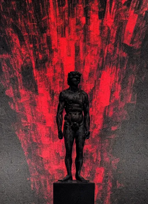 Image similar to dark design poster showing a close up of a statue of apollo, black background with very subtle red and purple design elements, powerful, nekro, vito acconci, thin straight lines, dark, glitch art, neo vaporwave, gritty, layout frame, square, trending on artstation