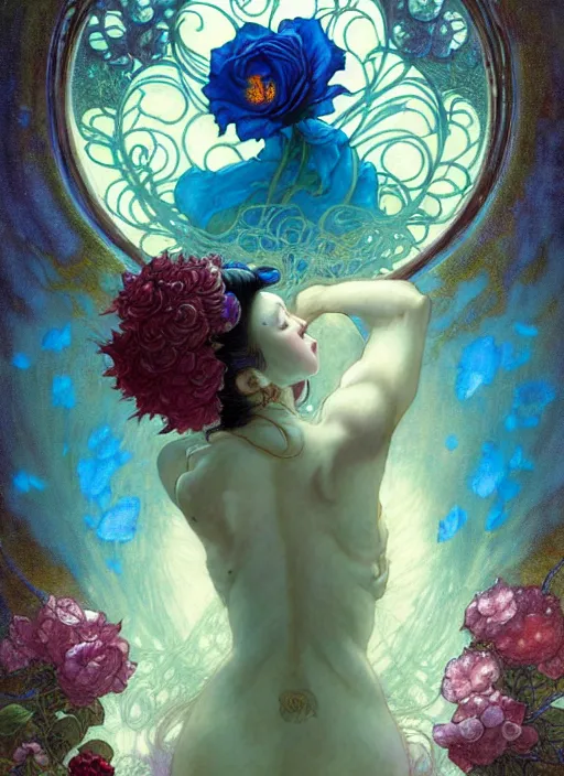 Prompt: blue rose. fantasy, regal, by yoshitaka amano, kim keever, victo ngai, stanley artgerm lau, greg rutkowski, thomas kindkade, alphonse mucha, loish, norman rockwell