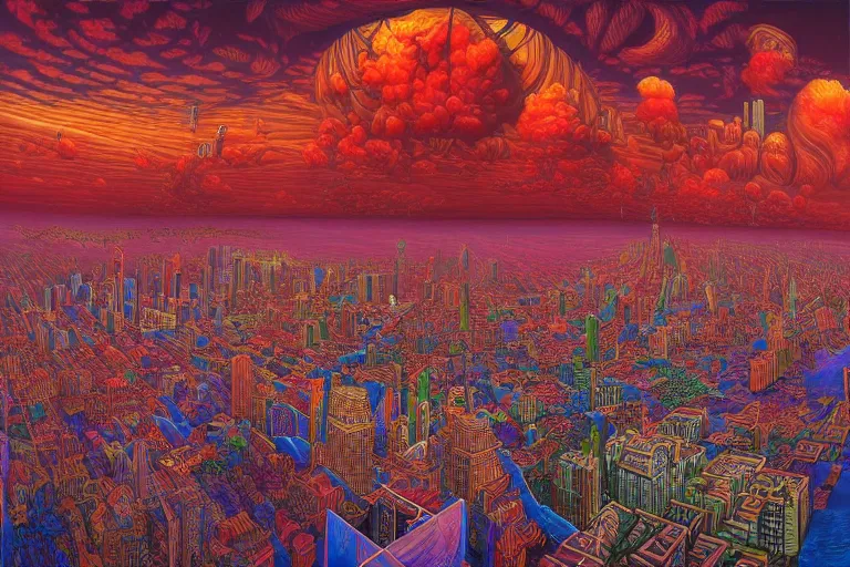 Prompt: psychdelic city tranquil dreamworld in the clouds, surrealist and abstract digital art trending on artstation by artist Rob Gonsalves and Mark Riddick supreme peace immense knowledge maroon scarlet ruby cherry reds only restricted palette dmt art