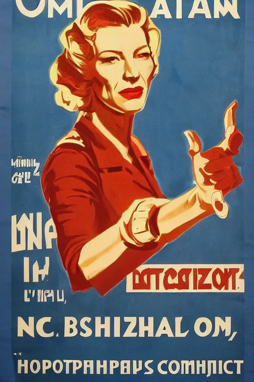 Image similar to american propaganda poster with cate blanchett calling on the world community to fight against Nazism, Ultra Detailed, soviet realism