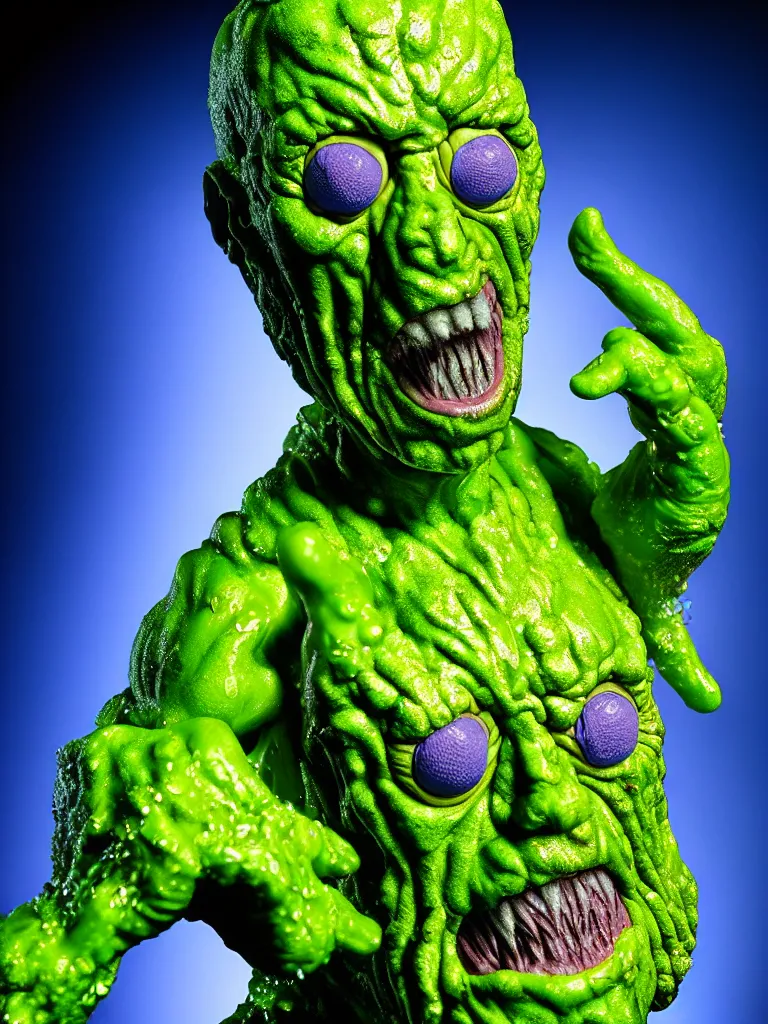 Image similar to hyperrealistic rendering, shiny wet toxic avenger by art of skinner and richard corben and jeff easley, product photography, action figure, sofubi, studio lighting, colored gels, rimlight, backlight