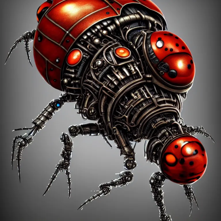 Prompt: steampunk cybernetic biomechanical ladybug, 3 d model, unreal engine realistic render, 8 k, micro detail, intricate, elegant, highly detailed, centered, digital painting, artstation, smooth, sharp focus, illustration, artgerm, tomasz alen kopera, wlop
