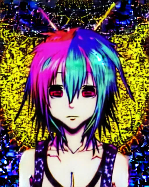 Image similar to neo tokyo japanese anime kawaii decora hologram of rimuru tempest, colourful blue hair, golden yellow eyes, wearing black stylish clothing, holography, irridescent, baroque visual kei glitch art