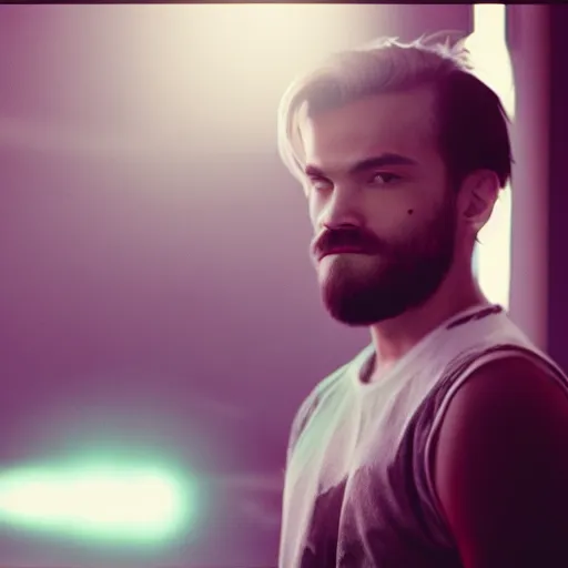 Image similar to Portrait of PewDiePie, splash art, movie still, cinematic lighting, dramatic, octane render, long lens, shallow depth of field, bokeh, anamorphic lens flare, 8k, hyper detailed, 35mm film grain