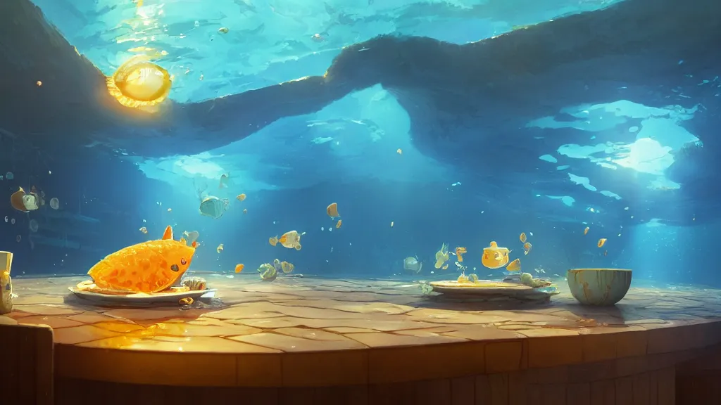 Image similar to digital underwater art of a happy flat pancake fish swimming in syrup, cute, 4 k, fish made of pancake, fantasy food world, living food adorable pancake, vivid atmospheric lighting, by makoto shinkai, studio ghibli, greg rutkowski, ross tran