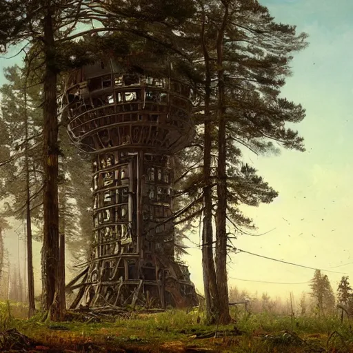 Image similar to a ivan shishkin and simon stalenhag painting of a ruined building and enormous robot