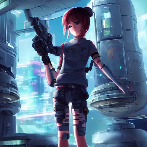 Prompt: a little girl with a big blaster in her hands runs along the runway towards the spaceship, anime, cyberpunk