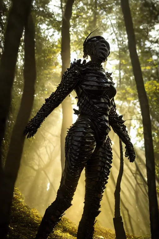Image similar to hyperrealistic long shot mithra gorgeous black woman intricate exoskeleton bone armor in a forest sun behind her concept art eric zener elson peter cinematic light low angle hd 8k sharp rack focus