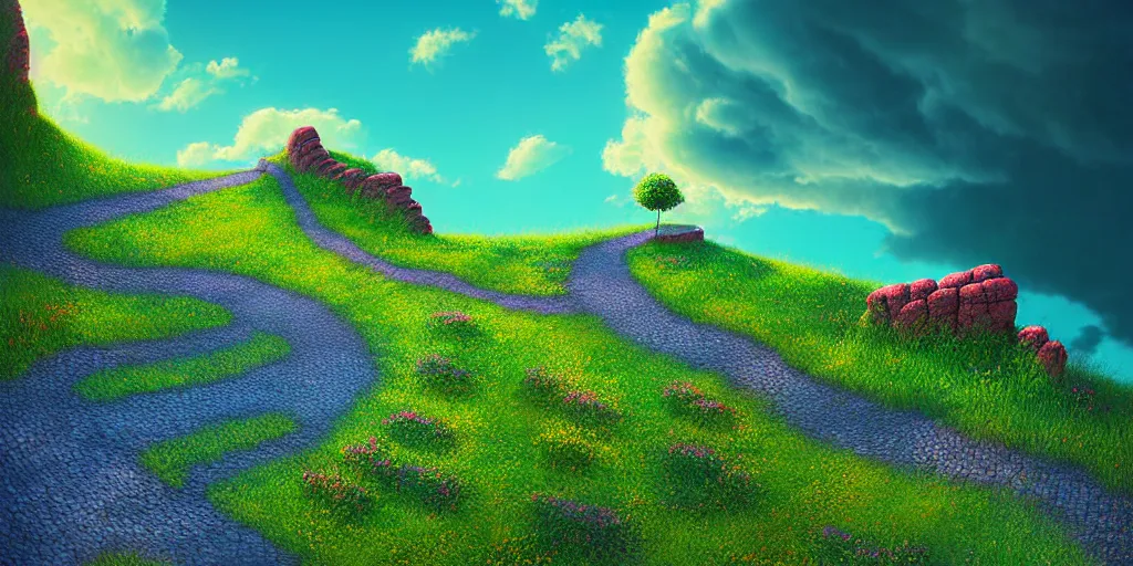 Image similar to curled perspective digital art of curly clouds cobblestone street with wildflowers reaching a stone cliff down to a deep blue sea by anton fadeev