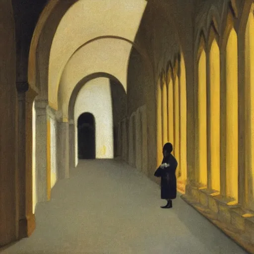 Image similar to in the distance, a little girl with short black hair and wearing a yellow coat alone in the inner courtyard of a cloister in an abbey, the light is bright and wintry, painting by hopper and de chirico