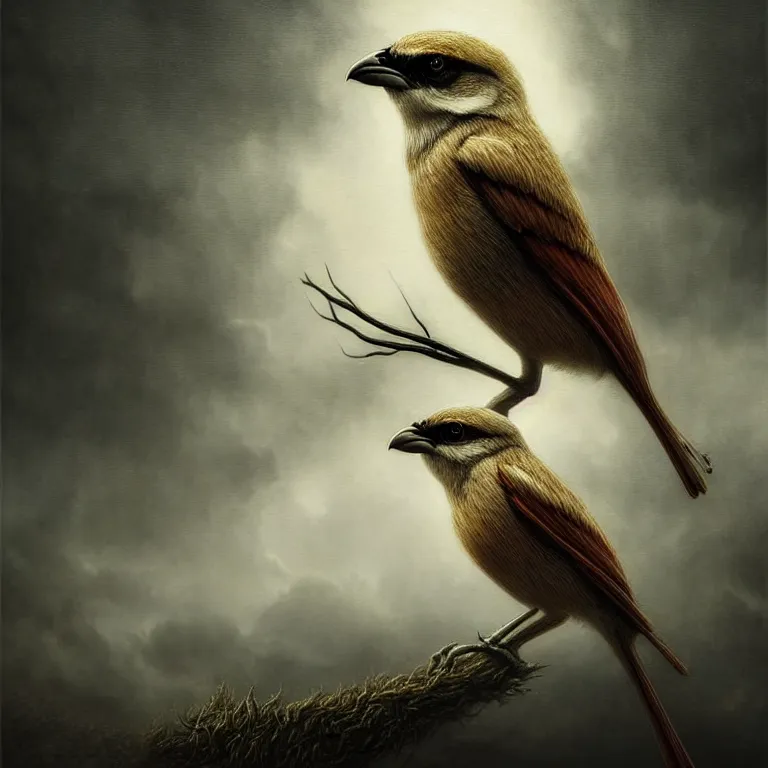 Image similar to epic professional digital art of startling thorned shrike, faint golden moody atmospheric lighting, painted, intricate, detailed, detailed, foreboding, by leesha hannigan, wayne haag, reyna rochin, ignacio fernandez rios, mark ryden, iris van herpen,, epic, stunning, gorgeous, much wow, cinematic, masterpiece.