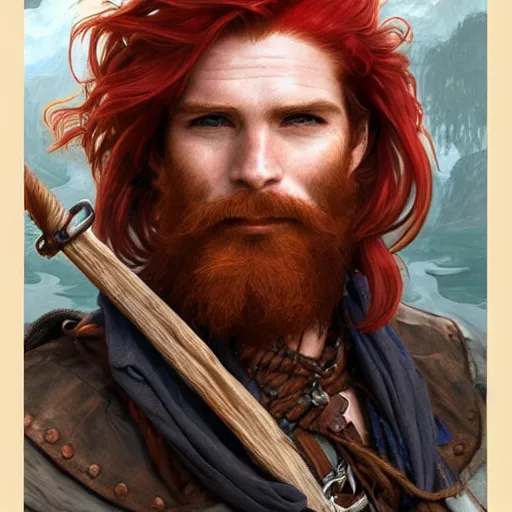 Prompt: portrait of a young ruggedly handsome but joyful pirate with red hair, male, masculine, upper body, red hair, long hair, d & d, fantasy, joyful smirk, intricate, elegant, highly detailed, digital painting, artstation, concept art, matte, sharp focus, illustration, art by artgerm and greg rutkowski and alphonse mucha