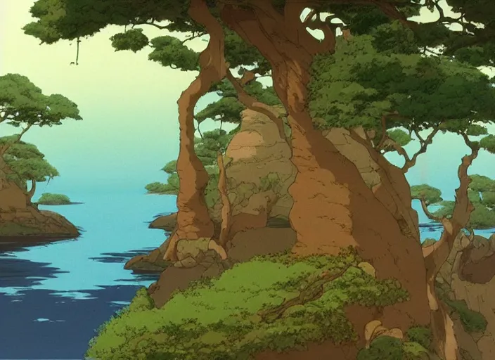 Image similar to pleasing appealing smooth flat rocky environment sunningrocks by the river's shore, forest clearing, still placid environment matte painting from studio ghibli and the fox and the hound ( 1 9 8 1 )