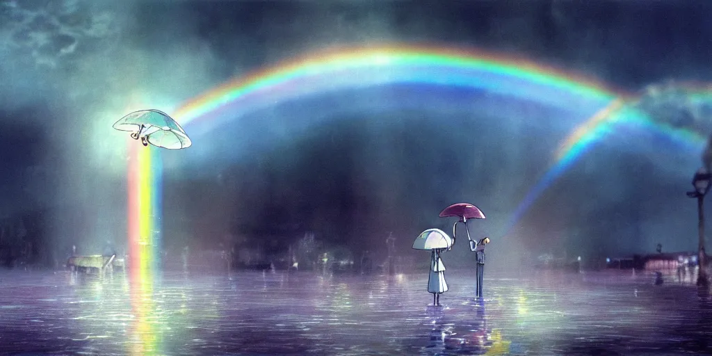 Prompt: a realistic and atmospheric cell - shaded concept art from howl's moving castle ( 2 0 0 4 ) of a rainbow colored ufo in the air. a man with an umbrella is standing in a flooded parking lot. it is a misty starry night. very dull muted colors, hd, 4 k, hq