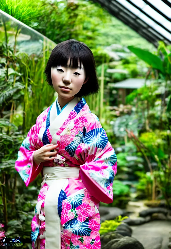 Prompt: photograph of a young Japanese woman wearing a pretty kimono in a tropical greenhouse, by Annie Leibowiz, extremely detailed, 4K, 85mm lens, photorealistic