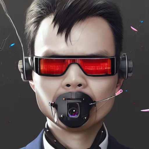 Image similar to Japanese man in a business suit with futuristic cyberpunk VR goggles implanted into his face, by Stanley Artgerm Lau, WLOP, Rossdraws, James Jean, Andrei Riabovitchev, Marc Simonetti, Yoshitaka Amano, digital art, masterwork, cgstudio, trending on ArtStation,