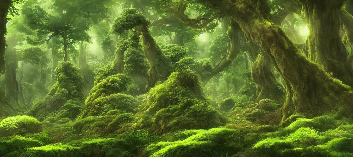 Image similar to A lush green forest by Ghibli Studio, digital art, immaculate scale