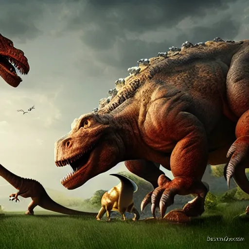 Prompt: a huge monster protecting his eggs from a dinosaur, digital art, movie scene, 4k detailed,