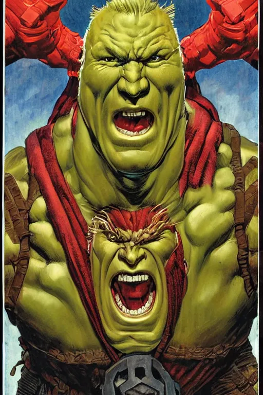 Image similar to upper body and head portrait of hulking brock lesnar as marvel demon wearing cape and armour, norman rockwell, tom lovell, alex malveda, jack kirby, greg staples