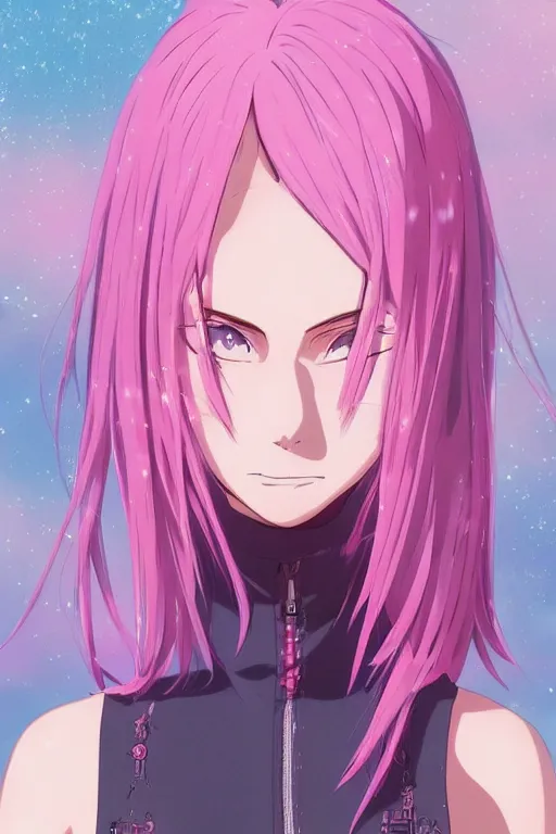 Image similar to high definition anime portrait of a pink haired anime woman, by Studio Ghibli, trending on artstation, sharp high quality anime, digital art, photoshop, proportionate