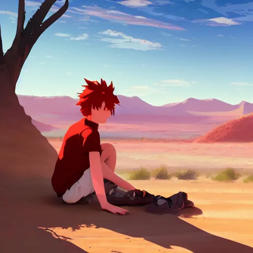 Prompt: red haired teen boy, desert in the background, highly detailed, digital painting, by makoto shinkai and thomas kindle and James gilleard