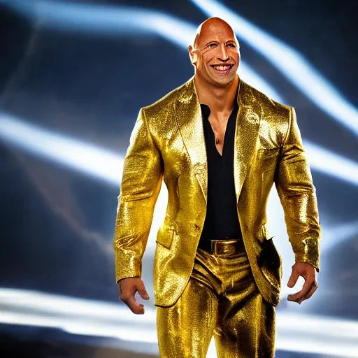 Image similar to dwayne the rock johnson wearing a golden expensive gold suit made entirely of gold walking down the run way, 3 5 mm, paparazzi photo, dazzling lights, dramatic lighting, photorealistic, cinematic scene, gold, super detailed, hyper realistic, bright lights